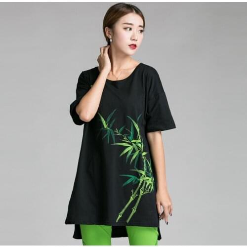 2016China style short in front long bamboo Hand-paint big size clothing Summer cotton long T-shirt loose comfortable tee 5XL6XL