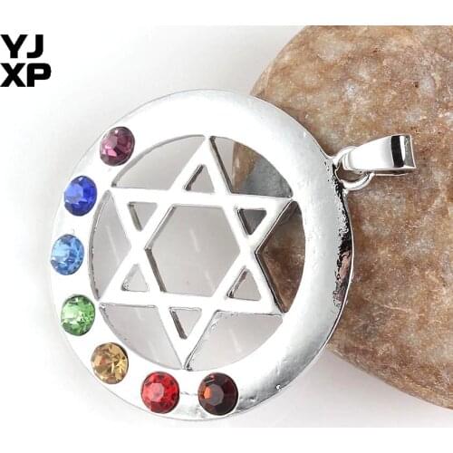 YJXP Trendy Silver Plated Star of David Circle Round 7 Color Rhinestones Reiki Healing Chakra Pendant Meditation Jewelry