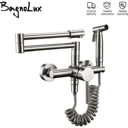 Hot And Cold Kitchen Mixer Tap With Sprayer Stream Wall Mount Pot Filler Faucet Pull Out Two Hole Wholesale Black Hot Sale