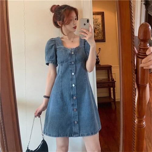 Summer Women Sexy Short Denim Dress Female Vintage Button Front Denim Dresses Girls Slim Casual Plus Size Square Collar Solid