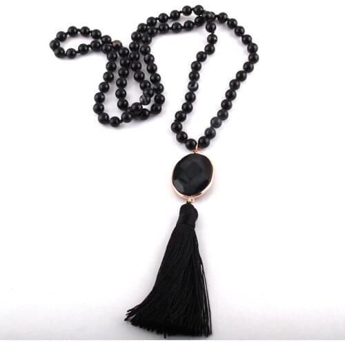 MOODPC Fashion Bohemian Tribal Jewelry Black Aglat Stones Knotted Stone Link Long Tassel Necklaces Women Necklace Dropship