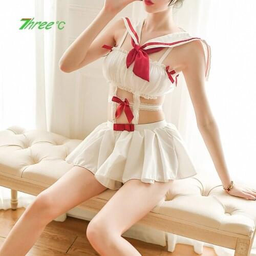 New Sexy Sailor Erotic Suit Student Uniform Temptation Adult Cosplay Game Uniform Chiffon See-through Hollow Sexy Sling Dress