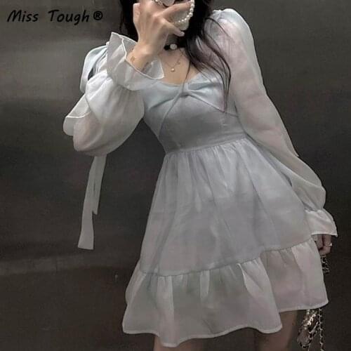 Autumn Kawaii Fairy Dress Women Bow High Waist Sweet Party Mini Dress Female Casual Korean Sweet Designer Retro Dress 2021 New