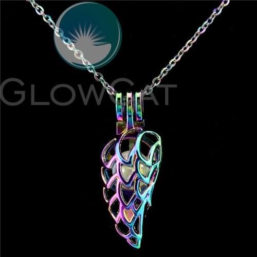 C837 Rainbow Colors 32mm Feather Wings Beads Cage Essential Oil Diffuser Stone Pearl Cage Locket Necklace Kids Girl Women Gift
