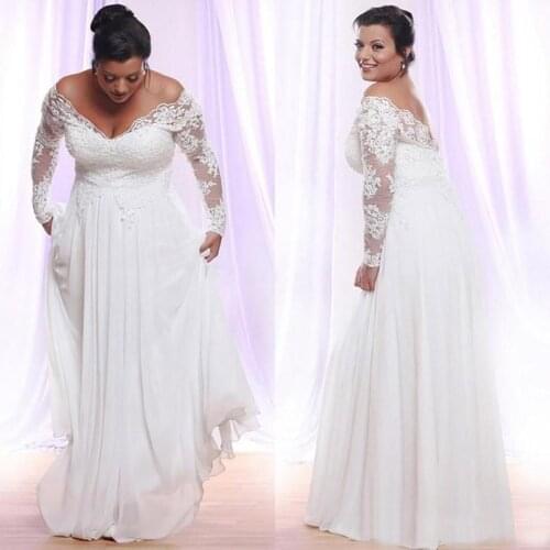 Simple A-Line V Neck Lace Plus Size Wedding Dresses Floor Length Chiffon Beach Long Sleeves Bridal Dress Customized Size