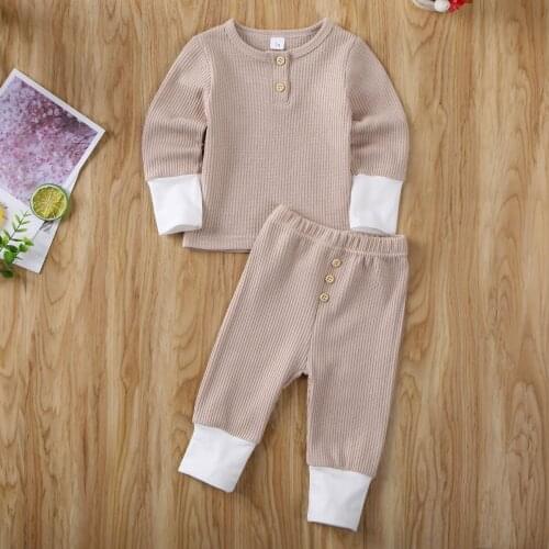Pudcoco Newborn Baby Boy Girl Clothes Solid Color Long Sleeve Tops Long Pants 2Pcs Outfits Knitted Cotton Clothes Tracksuit