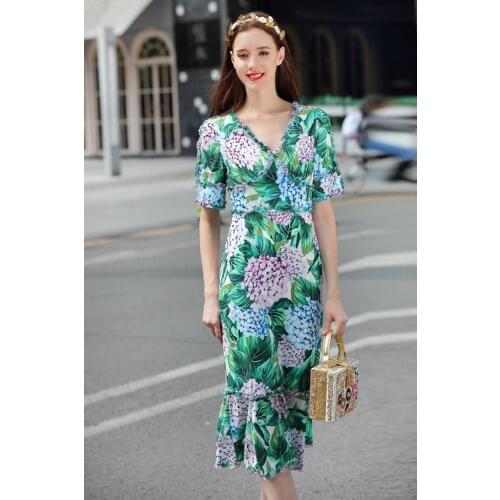Plus Size Hydrangea print dress half V-Neck Mid-Calf Waist Slim Mermaid Streetwear Summer New fashion design dress