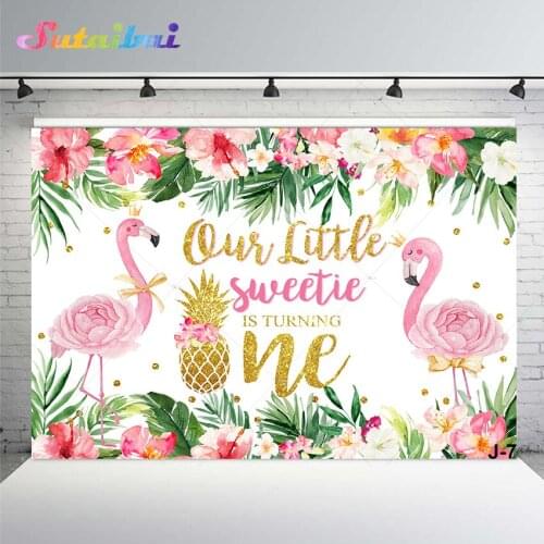 Pink Flamingo Flower Backdrop Tropical Jungle Summer Hawaii Holiday Child 1st Birthday Party Decor Photo Background Photography