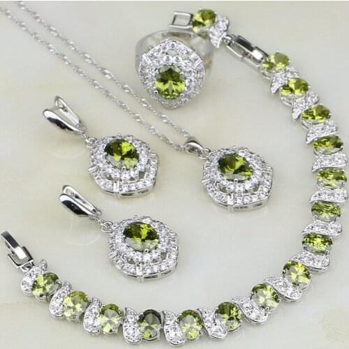 925 Silver Jewelry Sets For Women Anniversary Accessories Olive Green Cubic Zirconia Earring/Pendant/Necklace/Bracelet/Ring