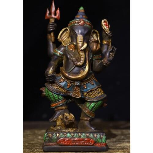 7" Tibet Buddhism Temple Old Bronze Paint color Elephant Trunk God of Wealth Buddha Statue Obstacle God Statue Pinayaka