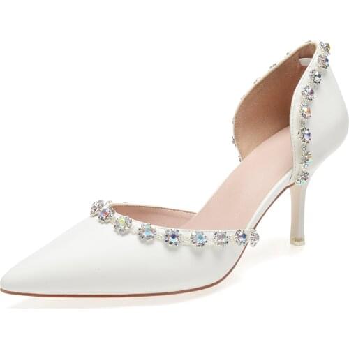 Ivory Matte leather high heels Pointed toe pumps D'orsay bridal wedding evening dress shoes colorful crystal rhinestone party