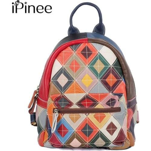 IPinee Vintage Leather Colorful Patchwork Women Backpack Zip Casual Shoulder Bags Genuine Leather Female School Knapsack Travel