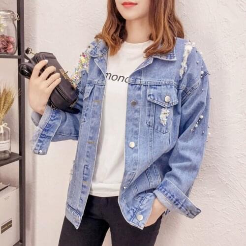 2020 Denim Jackets Women Plus Size 5XL Overcoat Pearl Beading Sequins Jeans Jacket Long Sleeve Vintage Casual Bomber Denim Coat