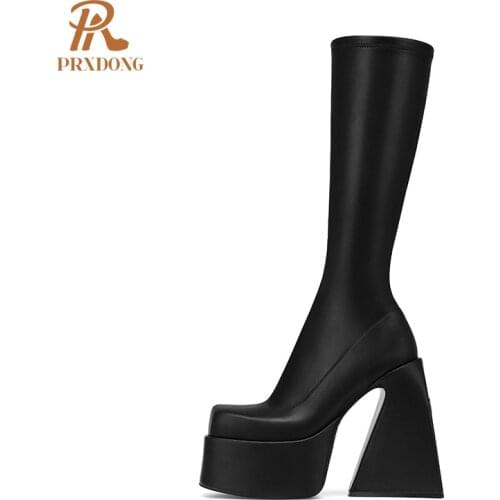Autum Women Retro Boots Med Heels Platform Round Toe Knee High Boots Slip On Ladies Leather Shoes Brown Black 2021 Plus Size 43