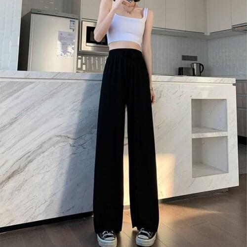 Womens Loose Summer Pants Soft Ice Silk Ankle-Length Wide Leg Pants Khaki High Waisted Trousers calça feminina Pantalon Femme