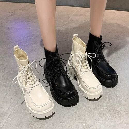 2022 Autumn New Women Sock Boots Knitted Fabric Chunky Platform Gothic Shoes High Heels Women Combat Ankle Boots Beige Black