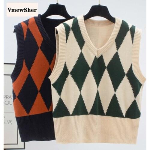 VmewSher Knitted Short Argyle Women Sweater Vest V-Neck Vintage Pullover Vest New Soft Korean Style Loose Sleeveless Tank Tops