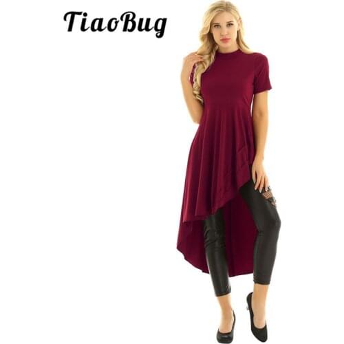 TiaoBug Solid Color Ruffle High Low Asymmetrical Irregular Hem Short Sleeves Women Ballroom Dress Stage Lyrical Dance Costumes