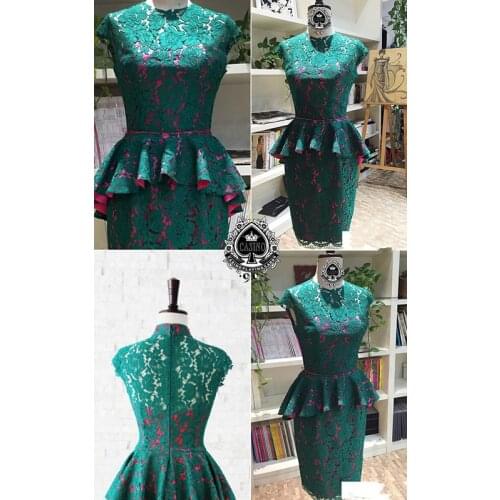 High neck ruffles 2018 new fashion vestido de festa prom gown green lace knee-length Party gown women summer bridesmaid dresses