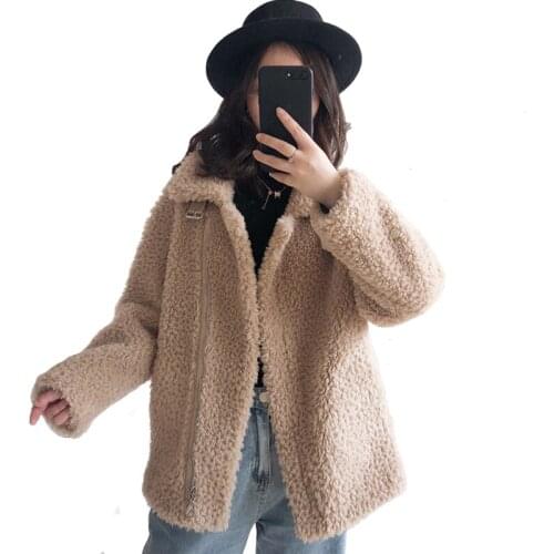 Winter Womens Wool Coat Particles Sheep Shearing Long-Sleeved Lapel Ladies Warm Coat With Zipper College Fashion Casual Style