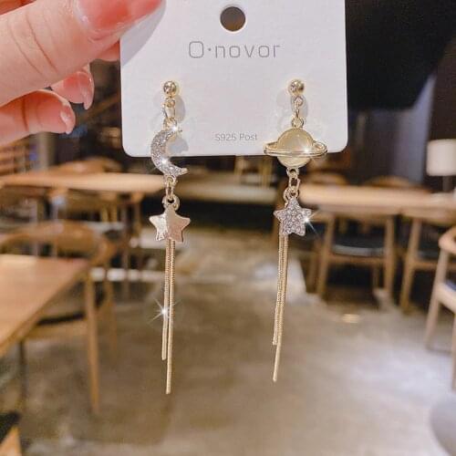2021 Wholesale Korean Fashion Temperament Star and Moon Long Asymmetrical Tassel Opal Earrings
