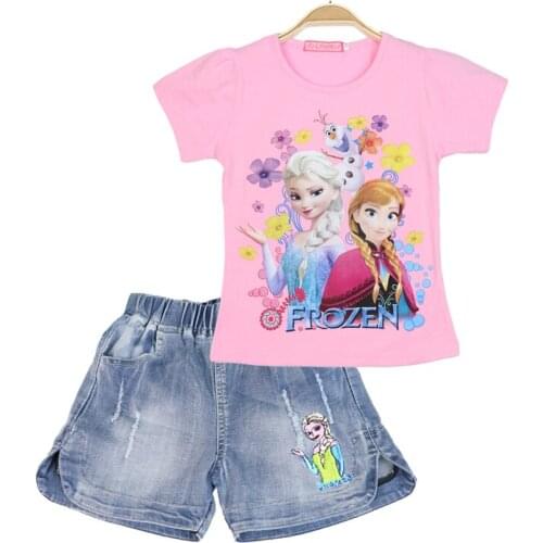 Disney Girls Outfits Cartoon Printed Summer Kids Shirt&Denim Shorts Toddler Girls Clothing Set Children Suit Clothes Elsa Anna
