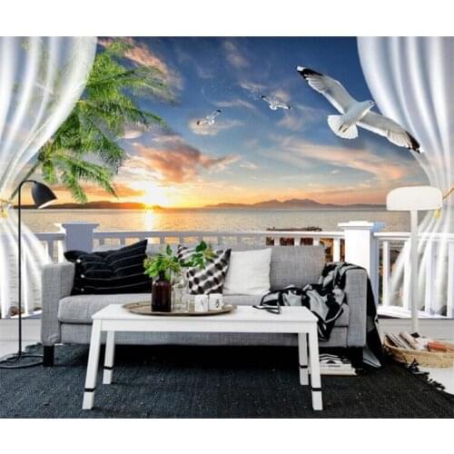 Custom Photo Wall Paper 3D Balcony Curtains Sunset Seascape Wall Papers Home Decor Living Room Sofa TV Backdrop Mural Wallpaper
