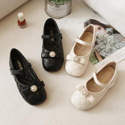 IYEAL Spring New Girls Single Leather Shoes Bow Pearl With Solid Color Soft-Soled Shoes Fashion Princess Girl Shoes