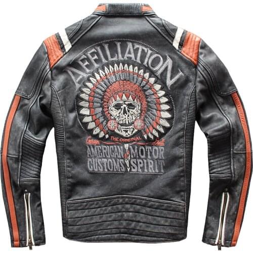 Genuine Leather Jacket Mens First Layer Cowhide Distressed Embroidered Pattern Motorcycle Leather Jacket Spring Autumn Jacket