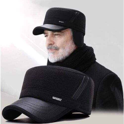 Mens Winter Flat Top Hat Thick Woolen Cotton Hat Winter Ear Protection Outdoor Warm Baseball Hat for Old Men