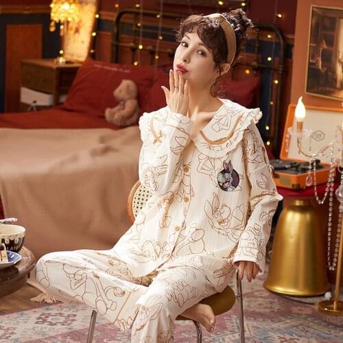 New Cotton Pajama Sets Women Sweet Girl Lounge Cute Sleepwear Long Sleeve Casual Nightwear Big Yards M-XXL Female Pijamas