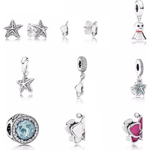 NEW 100% 925 Sterling Silver Starfish Earrings Charms Stars bead Fits Bracelets DIY bracelet Factory jewelry Gift Wholesale