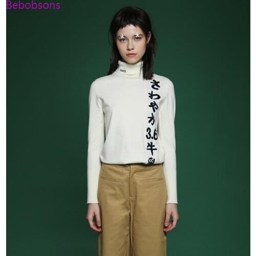 Casual Women Cashmere Sweater White Letters Jacquard Long Sleeve Turtleneck Female Autumn Pullover Knittd Tops 2017 Winter New