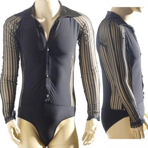 New Latin Dance Tops Stripe Gauze Professional Ballroom Competition Shirts Men Performance Dance Clothes Latin Leotard VDB835