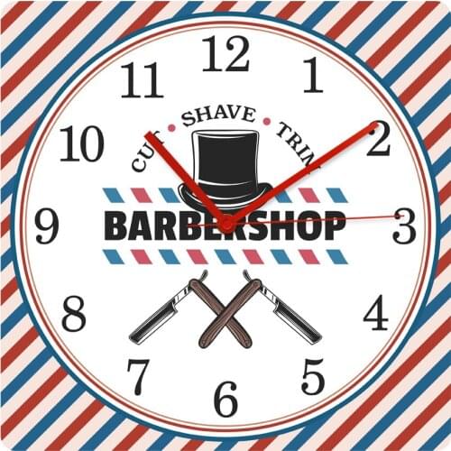 Barbershop Beard Shaving And Haircut Salon Modern Design Square Wall Clock Hairstyle Hat Hair Cut Shave Trim Wall Decor Watch
