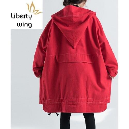 Bf Style Hot Sale Women Winter New Fashion Zipper Trench Hooded Denim Jean Coats Female Casual Outwear Red Free Size Unregular