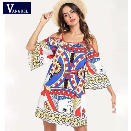 Vangull Women Red Beach Strap Dress 2021 Summer New Round Neck Off The Shoulder Flared Sleeves Loose Waist Casual Female Dress
