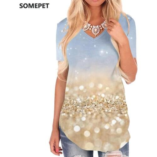 SOMEPET Psychedelic T-shirt women Shine V-neck Tshirt Cool Tshirts Printed Novel T-shirts 3d Womens Clothing Hip hop Casual Tops