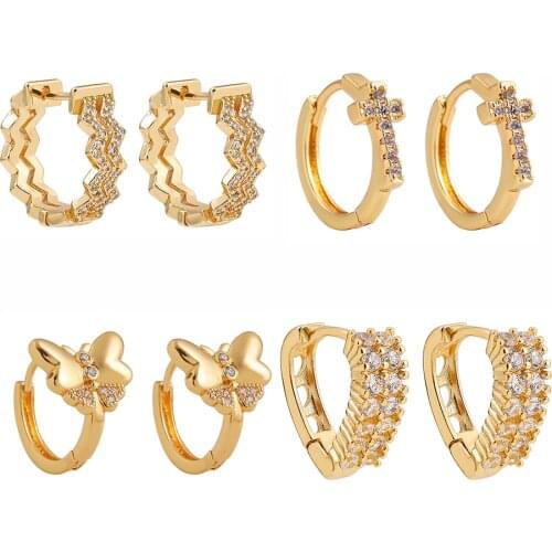 New Arrival Micro Pave Zircon CZ Butterfly Earrings for Women Luxury Gold Copper Cross Round Circle Ear Hoops Buckle Jewelry