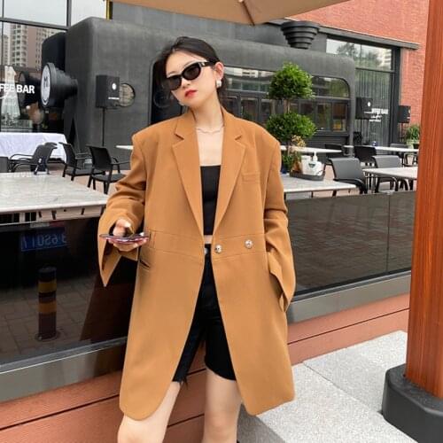 Streetwear Women Big Size Long Blazer New Lapel Long Sleeve Loose Fit Brown Suit Coat Fashion Spring Autumn 2021 Blazer Feminino