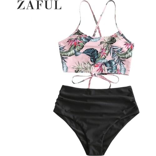 ZAFUL Sexy Women Swimwear Leaf Print Lace-Up Ruched Tankini Swimsuit Bikini Set Bathing Suits Wire Free Swimsuit Beach Suits