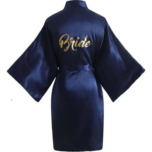Womens Navy Satin Pure Color Kimono Robe for Bridesmaid Bride Wedding Party Short Robe with Gold Glitter