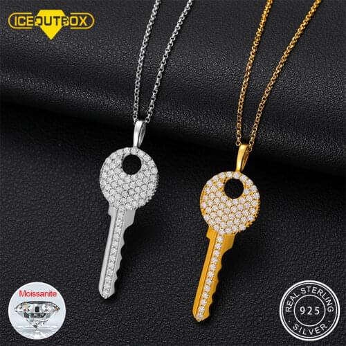 Moissanite Diamond Key Pendant Necklace For Women 925 Sterling Silver Chain Necklace Iced Out Top Quality Fine Jewlery Trendy