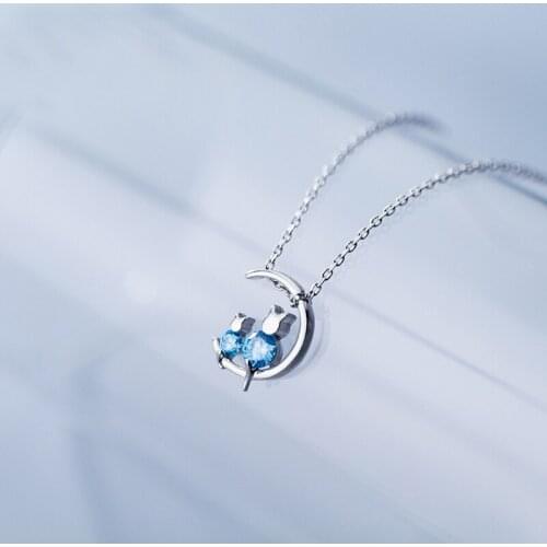 MloveAcc Fashion 925 Sterling Silver Lovely Cats Sitting on Moon Pendant Necklaces for Women Sterling Silver Jewelry