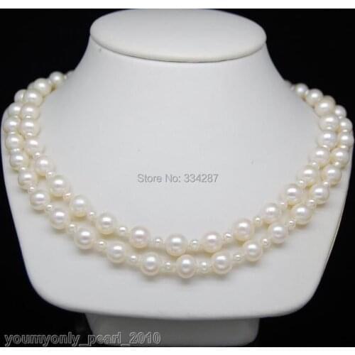 2Row Fine 4-5mm&8-9mm AAA white pearl necklaces 925s