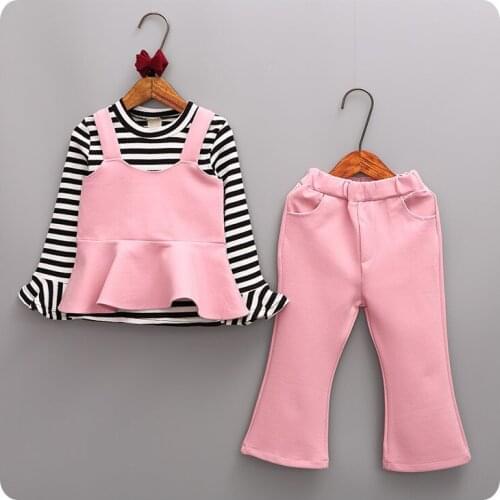 2016 Autumn New Pattern 3 Pieces Set Korean Girl Childrens Garment Girl Baby Stripe T-Shirt Vest Camisole Wide Leg Pants Suit