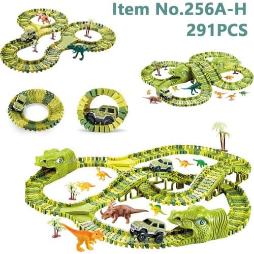 291 PSC Dinosaur Railway-Set Toy DIY Building-Blocks Rail Car Track Magic Assembled Hill Flexible Race Car Toys Gifts For Boys