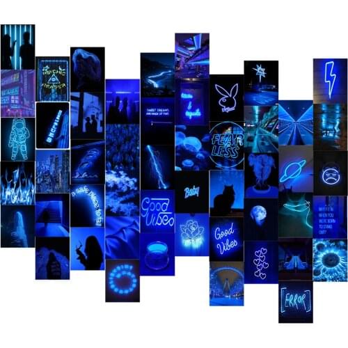 50Pcs Blue Neon Aesthetic Pictures Wall Collage Kits Photo Collection Room Decorations for Girl Teens & Women Bedroom Decor