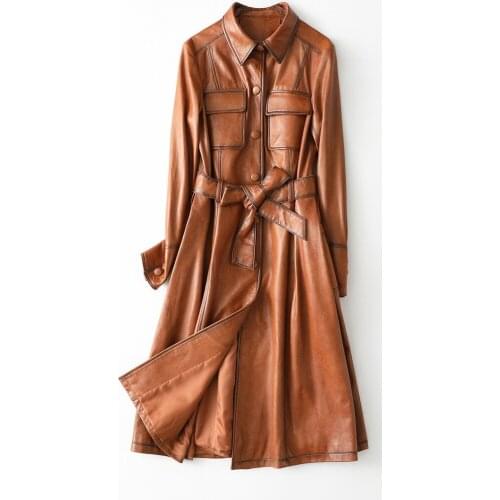 Free Shipping New Genuine Lamb Leather Jacket X-long Womens Real Leather Coat Sheepskin coat Wholesale Retail OEM