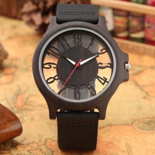 Creative Transparent Hollow Dial Wood Watches Arabic Numerals Luminous Black Brown Genuine Leather Band Mens Quartz Wrist Watch
